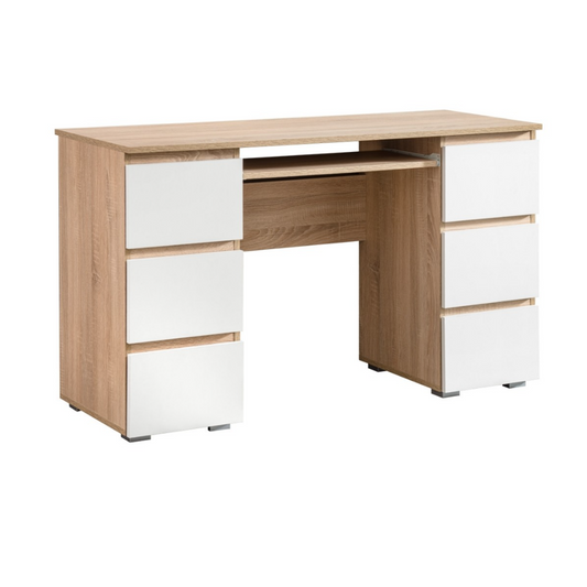 CUBA - Bureau d'ordinateur - 6 Tiroirs à Ouverture par Pression et Plateau pour Clavier - H78cm L130cm P50cm (Chêne Sonoma/Blanc)