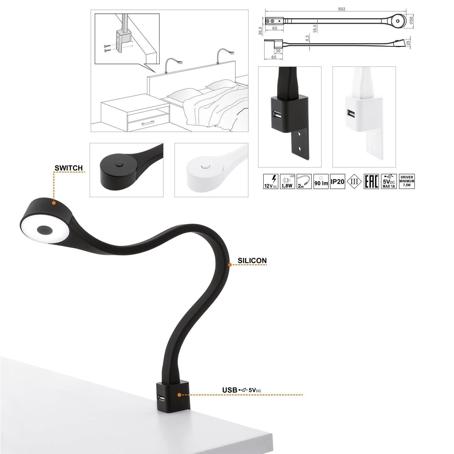 2 Lampes à LED de chambres avec USB + Source de courant (F02) Furnica 