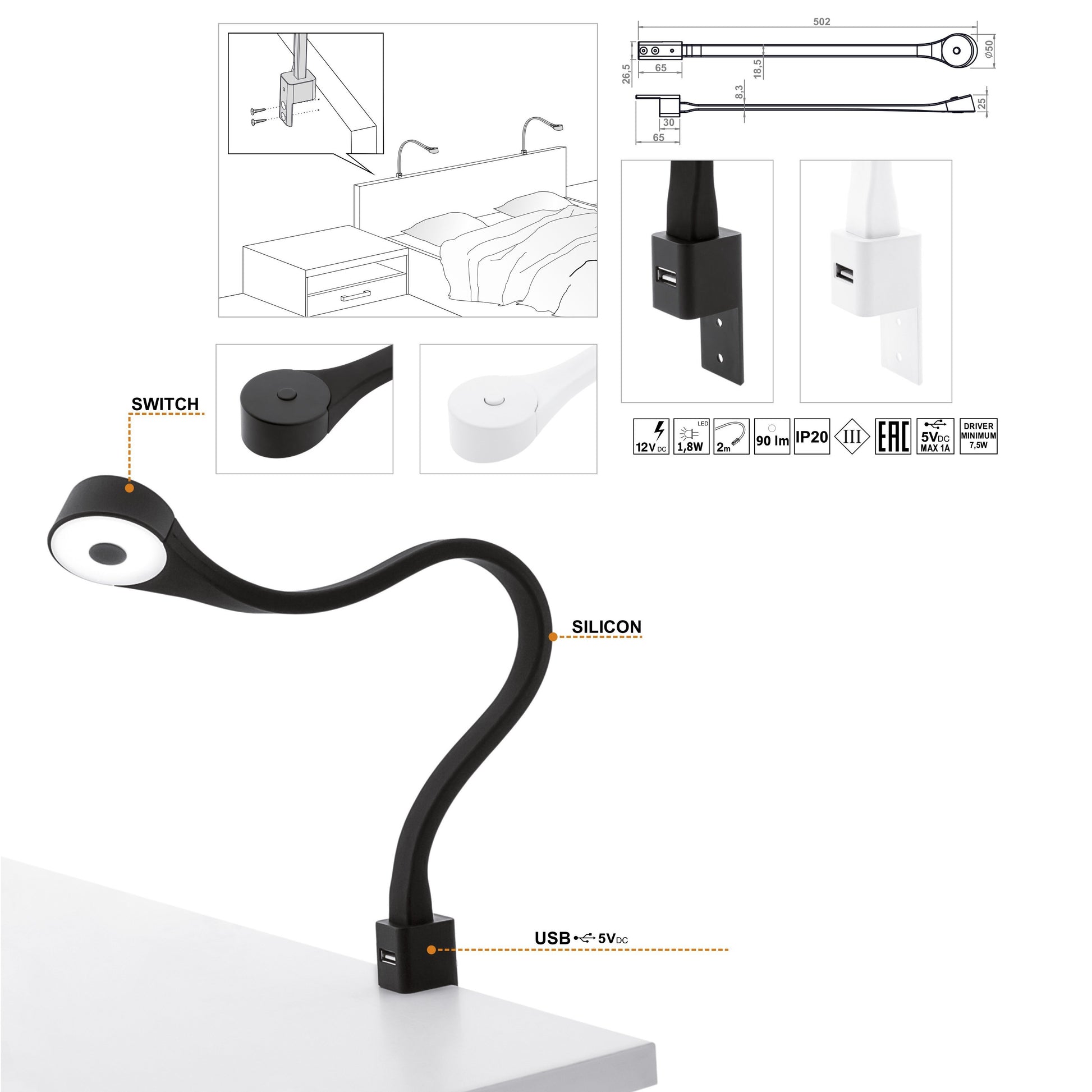 2 Lampes à LED de chambres avec USB + Source de courant (F02) Furnica 