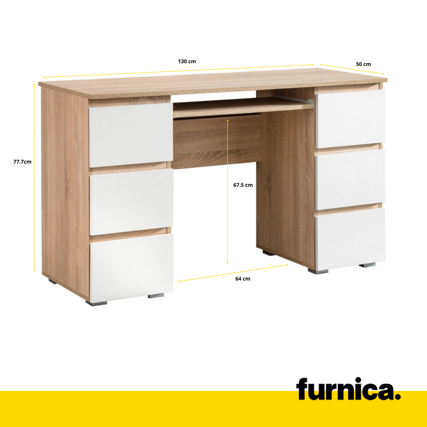 CUBA - Bureau d'ordinateur - 6 Tiroirs à Ouverture par Pression et Plateau pour Clavier - H78cm L130cm P50cm (Blanc/Blanc Brillant)