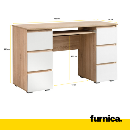 CUBA - Bureau d'ordinateur - 6 Tiroirs à Ouverture par Pression et Plateau pour Clavier - H78cm L130cm P50cm (Blanc/Blanc Brillant)