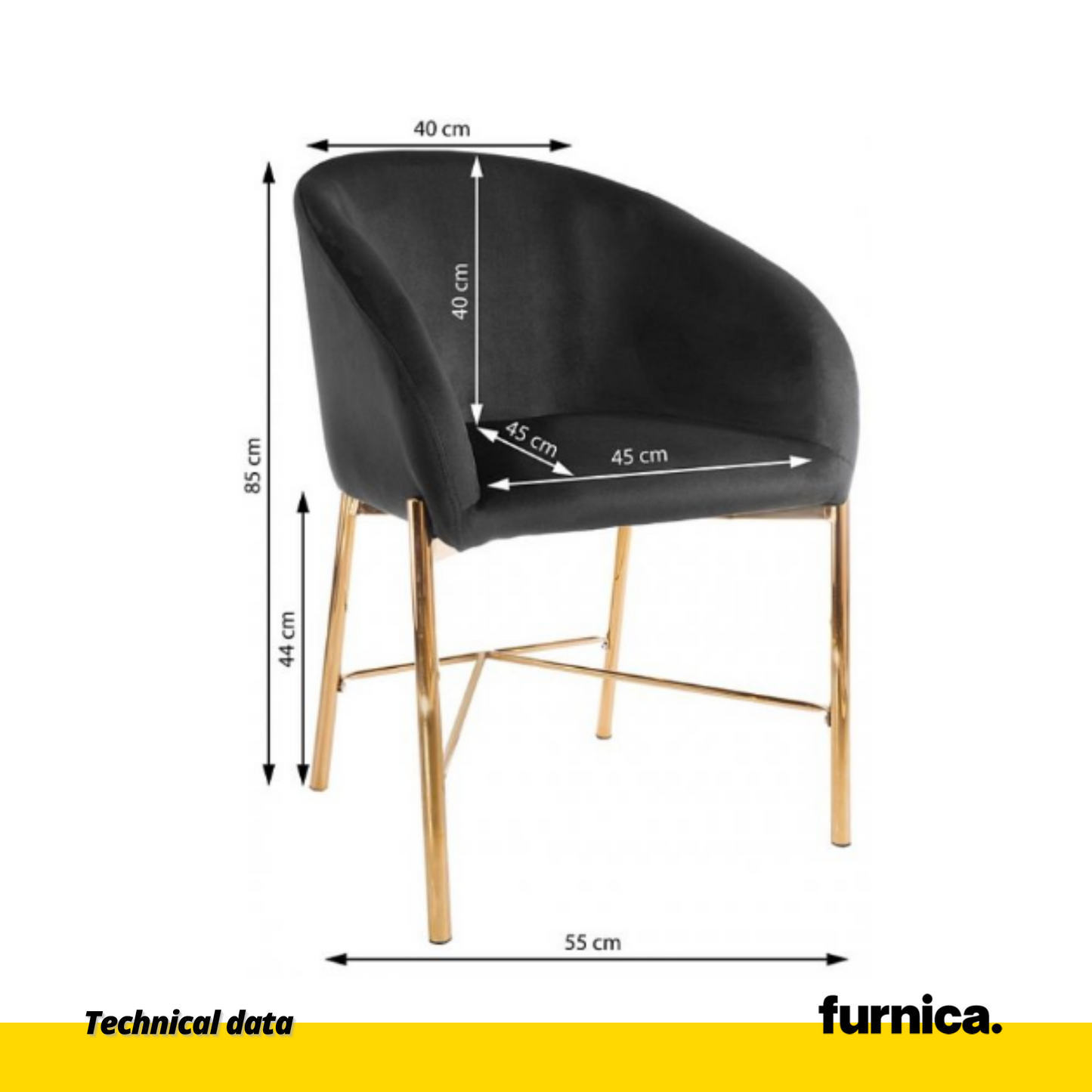 LORENZO - Chaise de Salle à Manger / Bureau en Velours avec Pieds en Chrome Doré - Noir