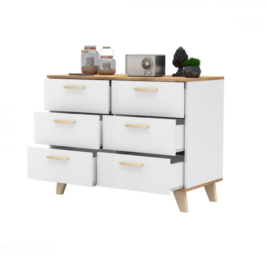 INGRID - Commode Scandinave 6 Tiroirs - H75cm L100cm P45cm (Blanc/Chêne Wotan)