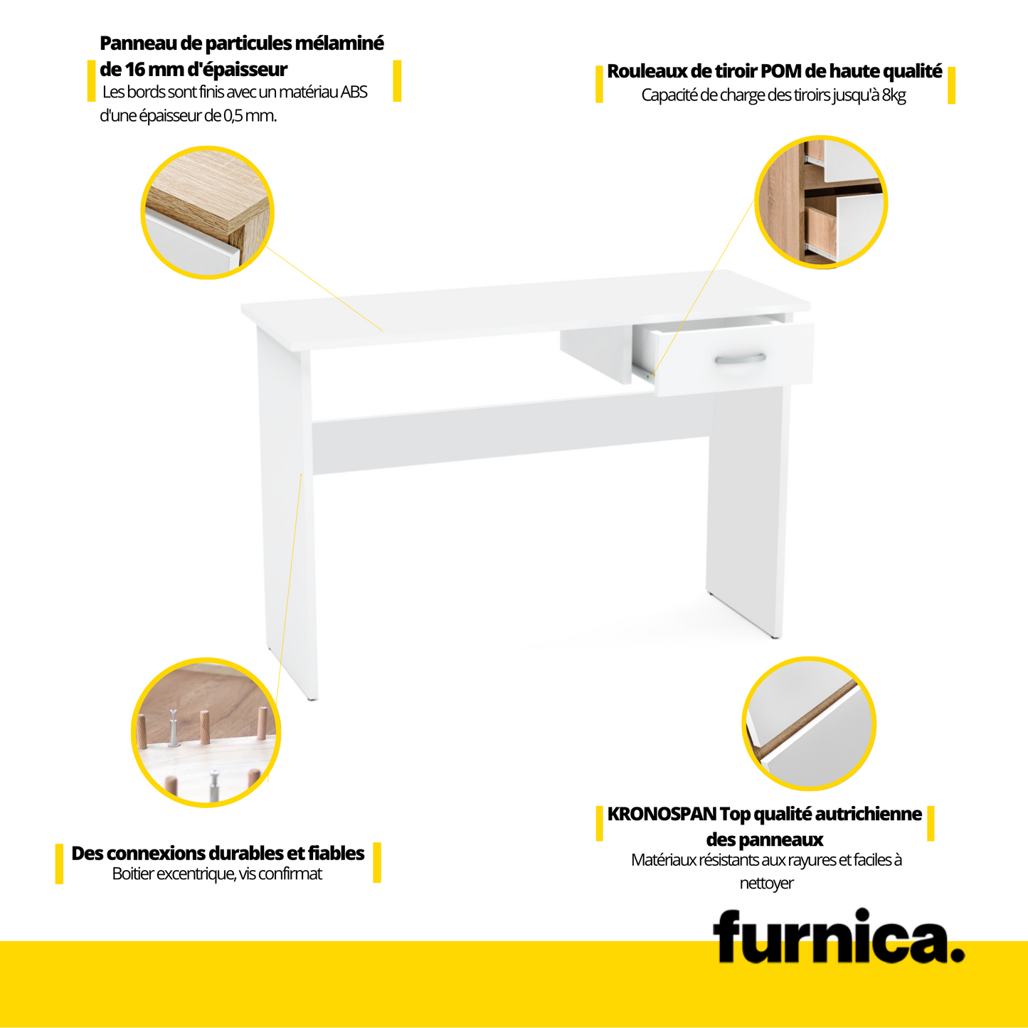 LEON - Bureau d'ordinateur - 1 Tiroir - H75cm L100cm P40cm (Blanc)