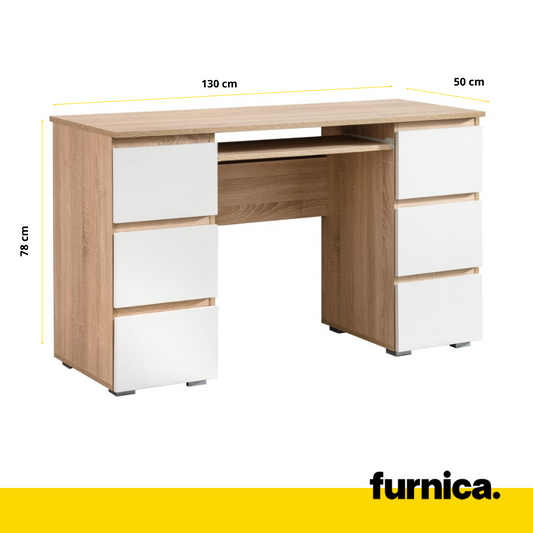 CUBA - Bureau d'ordinateur - 6 Tiroirs à Ouverture par Pression et Plateau pour Clavier - H78cm L130cm P50cm (Chêne Sonoma/Blanc)