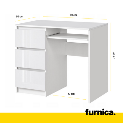 BRUNO - Bureau d'ordinateur - 3 Tiroirs et Plateau pour Clavier - H76cm L90cm P50cm - Gauche (Blanc/Blanc Brillant)