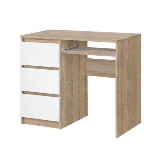 BRUNO - Bureau d'ordinateur - 3 Tiroirs et Plateau pour Clavier - H76cm L90cm P50cm - Gauche (Chêne Sonoma/Blanc)