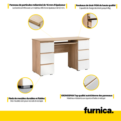 CUBA - Bureau d'ordinateur - 6 Tiroirs à Ouverture par Pression et Plateau pour Clavier - H78cm L130cm P50cm (Chêne Sonoma/Blanc)