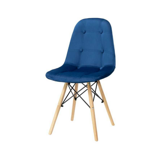 FABRIZIO - Chaise de Salle à Manger / Bureau en Velours Matelassé avec Boutons et Pieds en Bois - Bleu Foncé