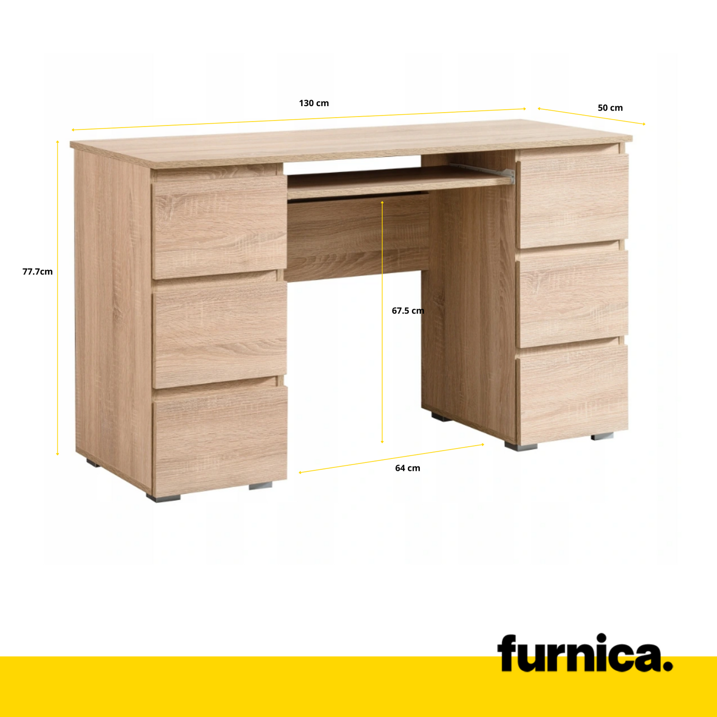 CUBA - Bureau d'ordinateur - 6 Tiroirs à Ouverture par Pression et Plateau pour Clavier - H78cm L130cm P50cm (Chêne Sonoma)