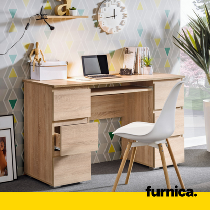CUBA - Bureau d'ordinateur - 6 Tiroirs à Ouverture par Pression et Plateau pour Clavier - H78cm L130cm P50cm (Chêne Sonoma)