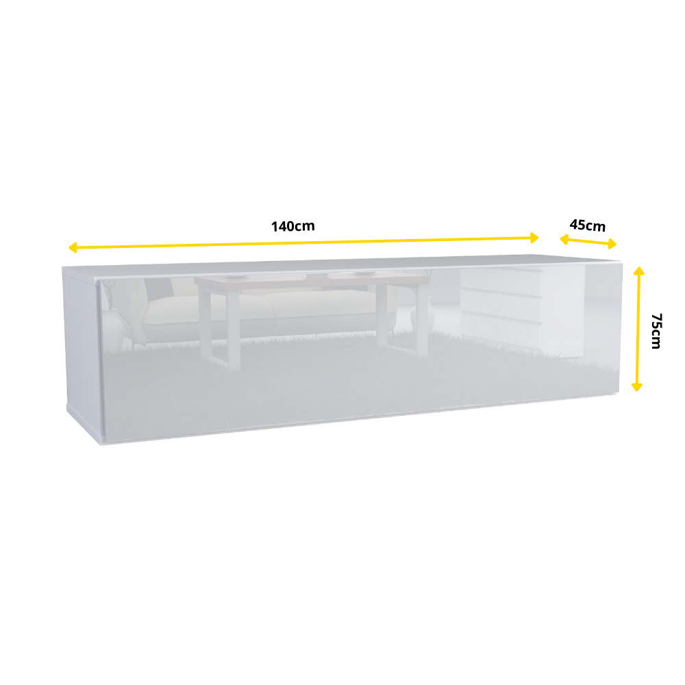 NICOLE - Meuble TV avec Porte Large H38cm L140cm P35cm - Blanc / Blanc Brillant