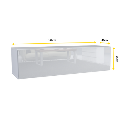 NICOLE - Meuble TV avec Porte Large H38cm L140cm P35cm - Blanc / Blanc Brillant