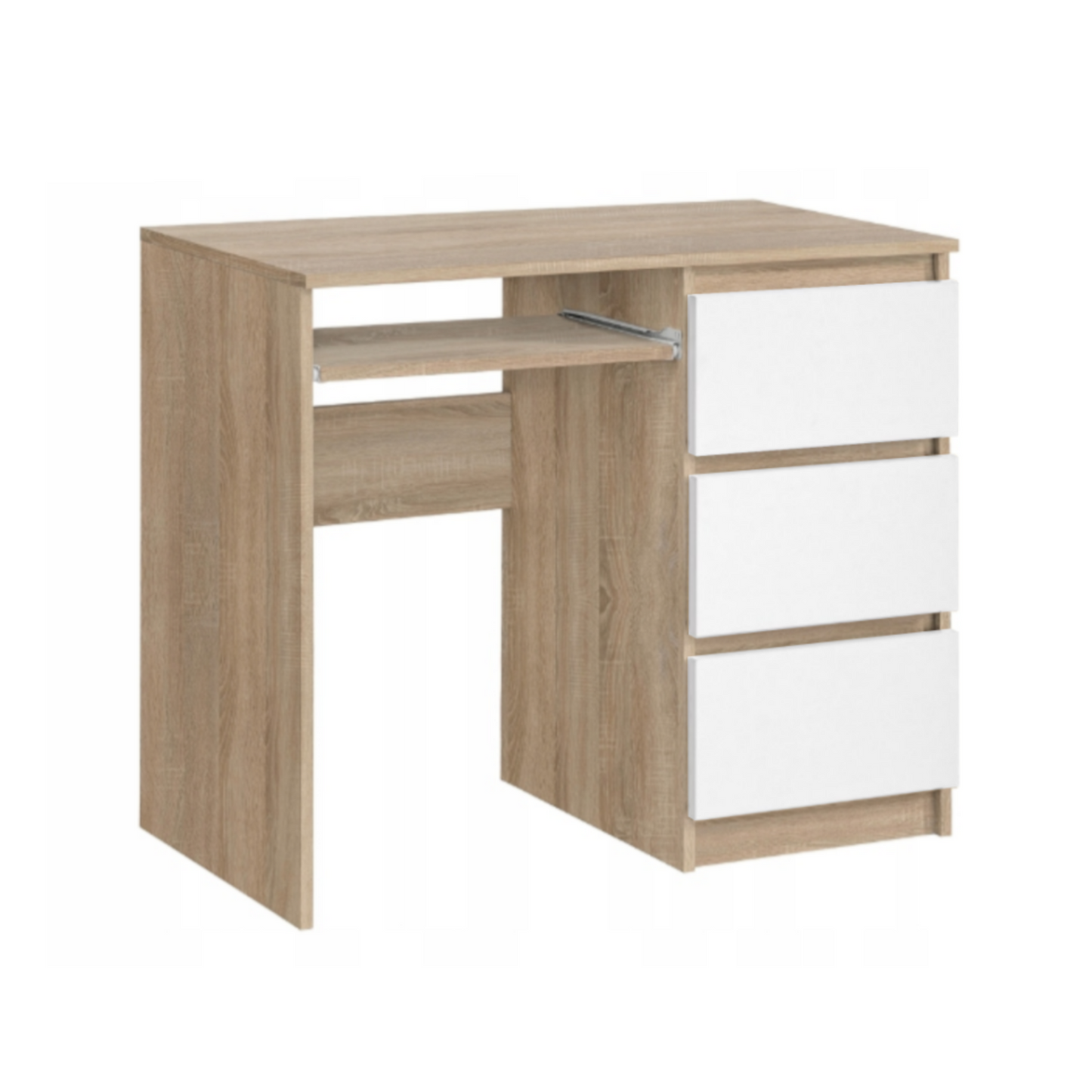 BRUNO - Bureau d'ordinateur - 3 Tiroirs et Plateau pour Clavier - H76cm L90cm P50cm - Droit (Chêne Sonoma/Blanc)