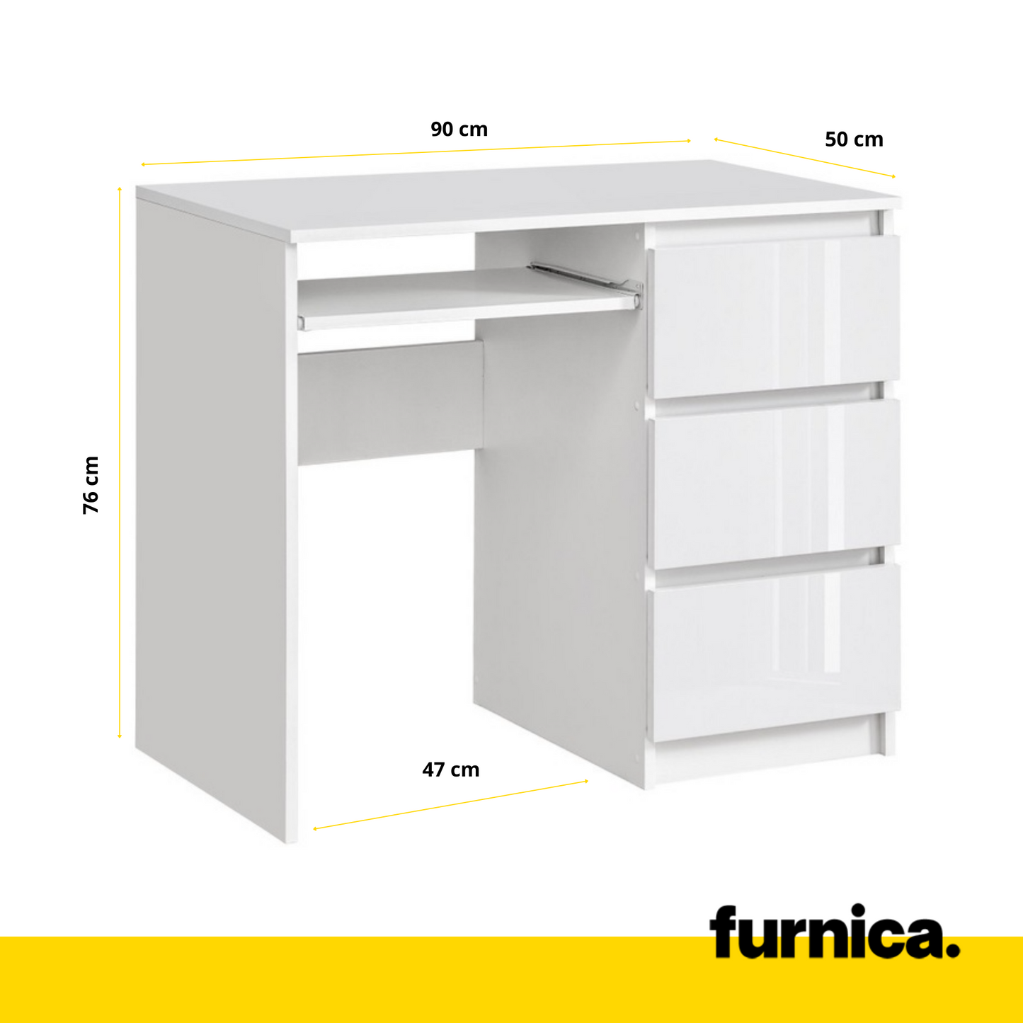 BRUNO - Bureau d'ordinateur - 3 Tiroirs et Plateau pour Clavier - H76cm L90cm P50cm - Droit (Blanc/Blanc Brillant)