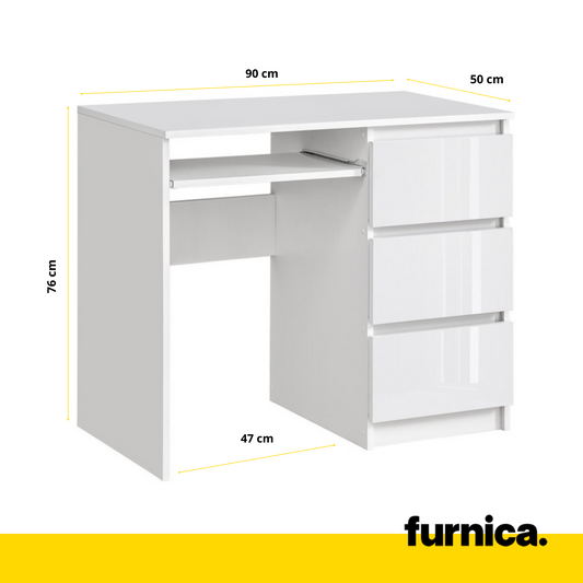 BRUNO - Bureau d'ordinateur - 3 Tiroirs et Plateau pour Clavier - H76cm L90cm P50cm - Droit (Blanc/Blanc Brillant)