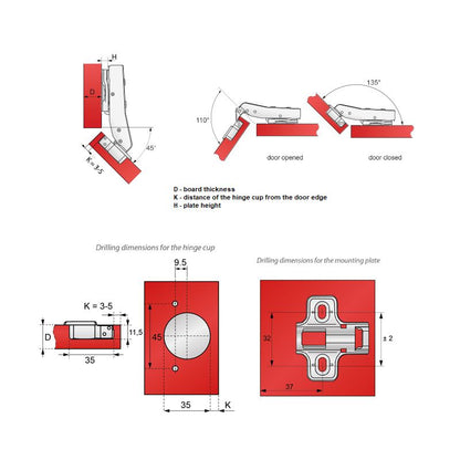 +45º Charnière fermeture silencieuse, H2 plaque de montage avec vis EURO, portes d'angle Soft Close Furnica 