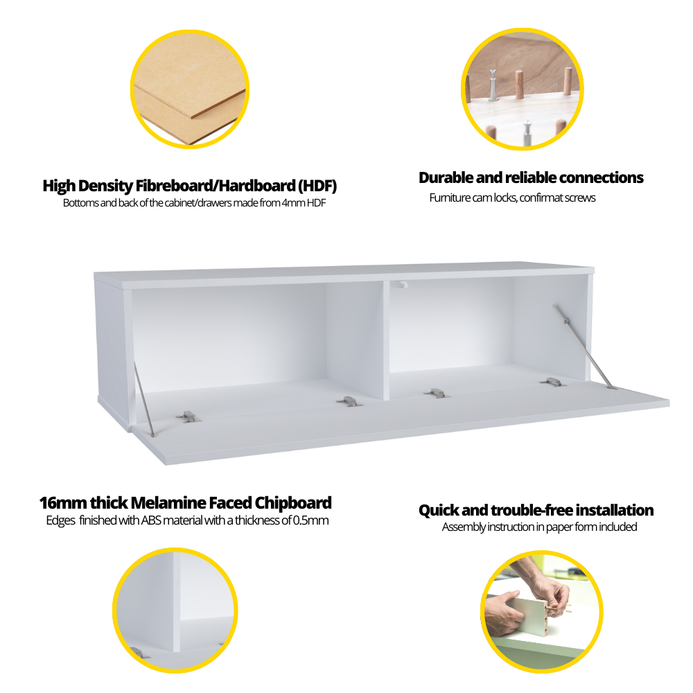 NICOLE - Meuble TV avec Porte Large H38cm L140cm P35cm - Blanc / Blanc Brillant