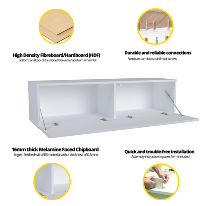 NICOLE - Meuble TV avec Porte Large H38cm L140cm P35cm - Blanc / Blanc Brillant