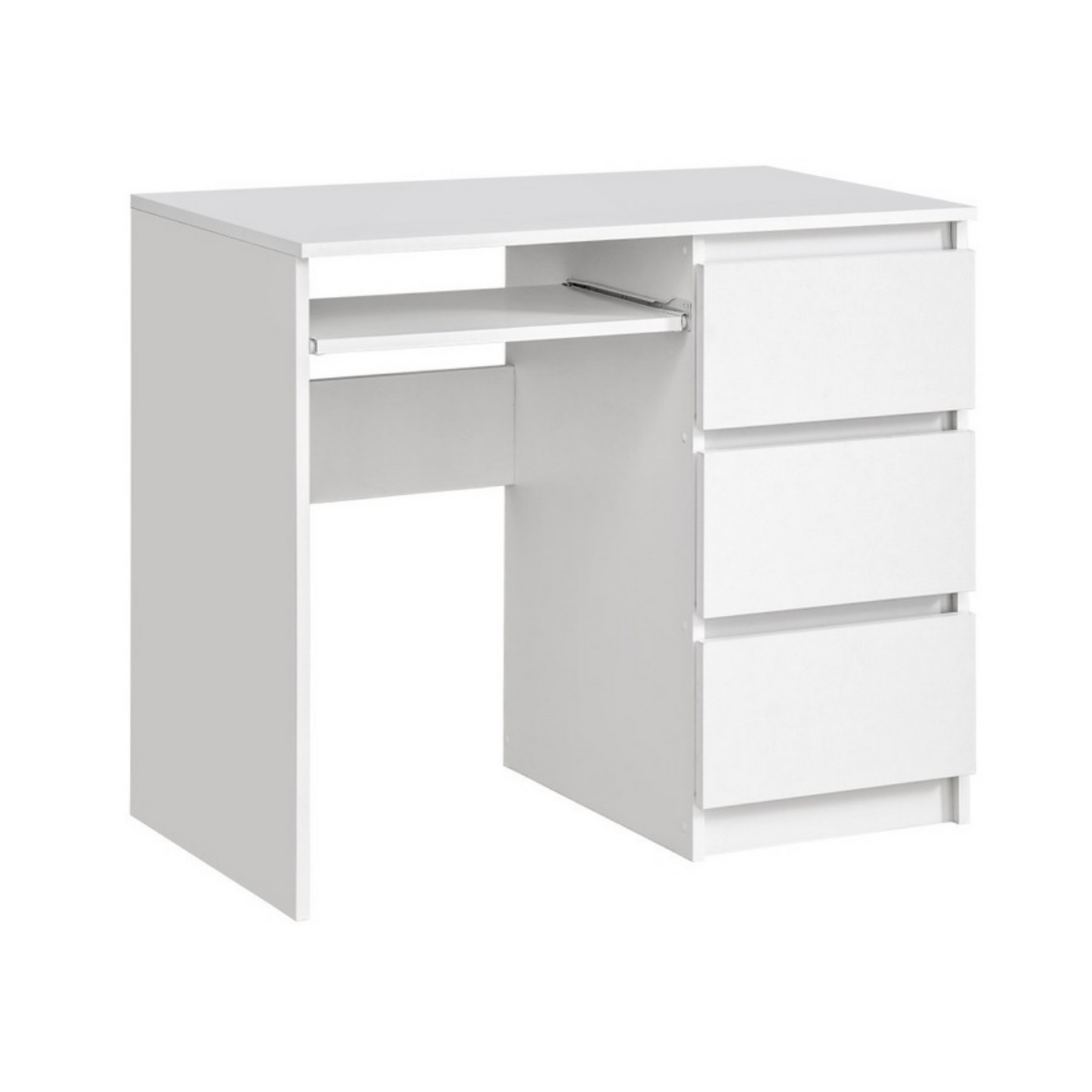 BRUNO - Bureau d'ordinateur - 3 Tiroirs et Plateau pour Clavier - H76cm L90cm P50cm - Droit (Blanc)