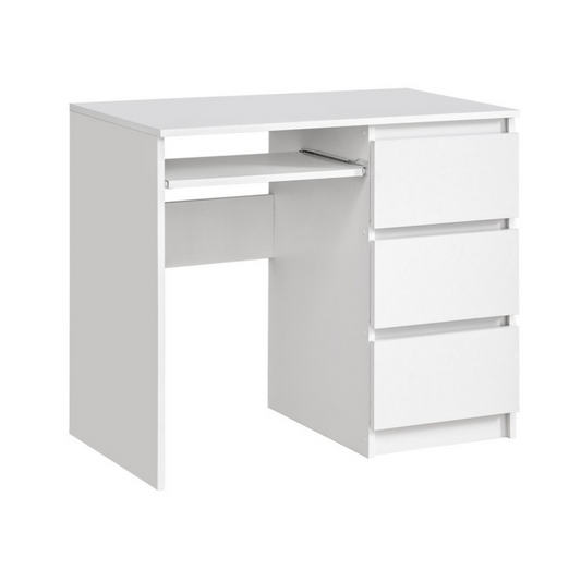 BRUNO - Bureau d'ordinateur - 3 Tiroirs et Plateau pour Clavier - H76cm L90cm P50cm - Droit (Blanc)