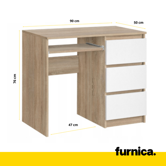 BRUNO - Bureau d'ordinateur - 3 Tiroirs et Plateau pour Clavier - H76cm L90cm P50cm - Droit (Chêne Sonoma/Blanc)