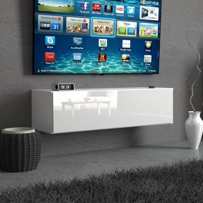 NICOLE - Meuble TV avec Porte Large H38cm L140cm P35cm - Blanc / Blanc Brillant
