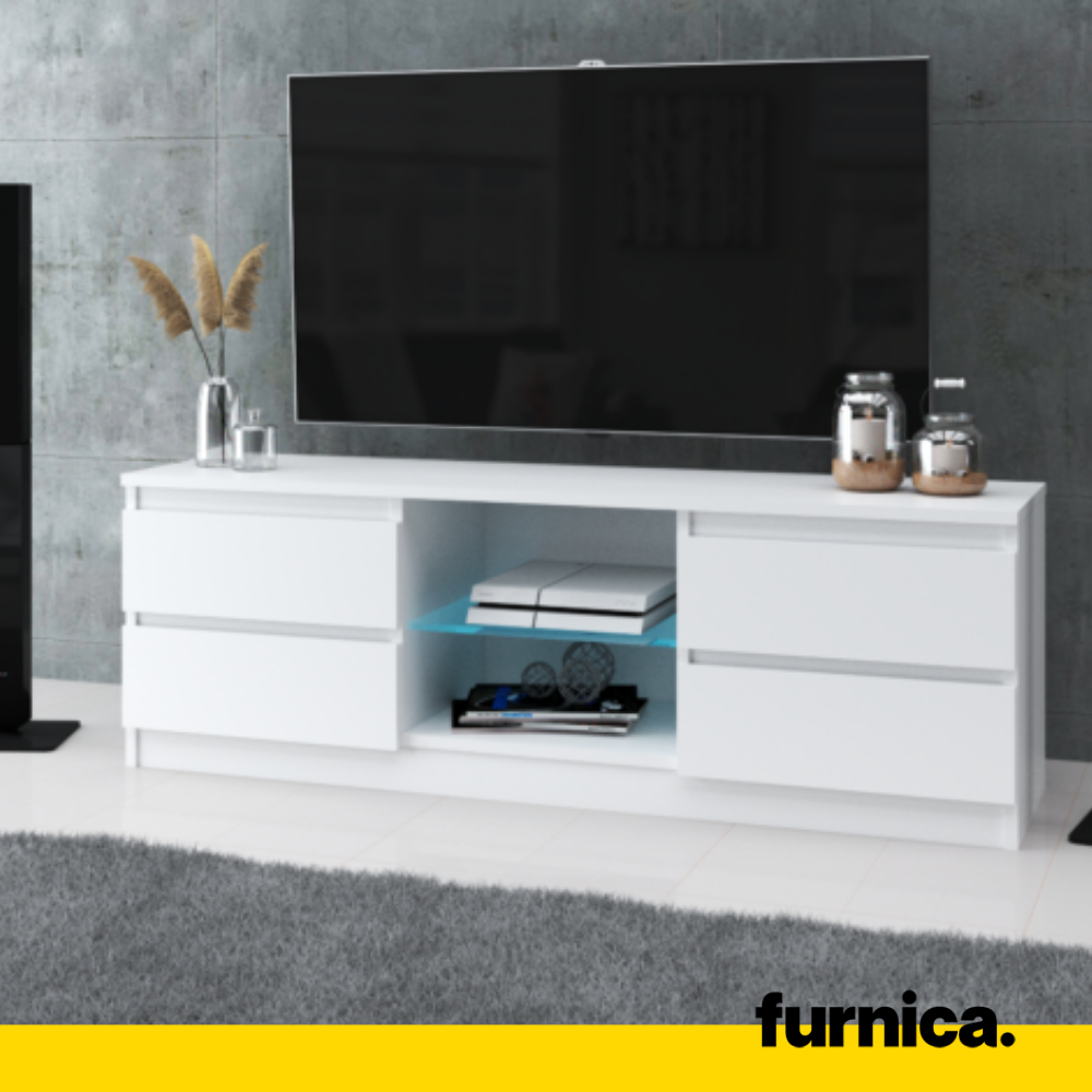 MARCO - Meuble TV - 2 Portes et 1 Étagère en Verre - H45cm L120cm P35cm (Blanc/Blanc Brillant)