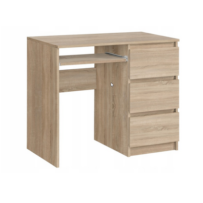 BRUNO - Bureau d'ordinateur - 3 Tiroirs et Plateau pour Clavier - H76cm L90cm P50cm - Droit (Chêne Sonoma)