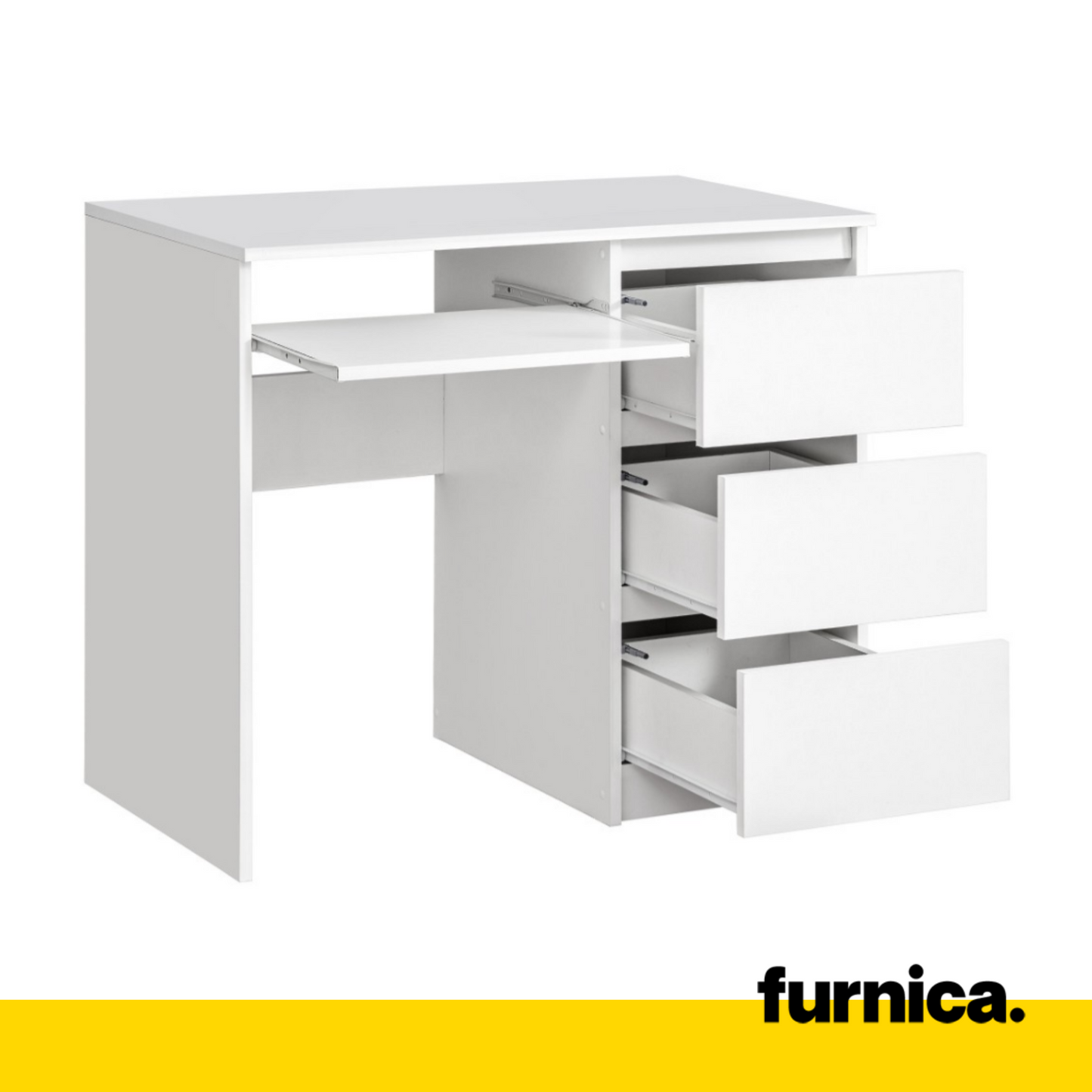 BRUNO - Bureau d'ordinateur - 3 Tiroirs et Plateau pour Clavier - H76cm L90cm P50cm - Droit (Blanc)