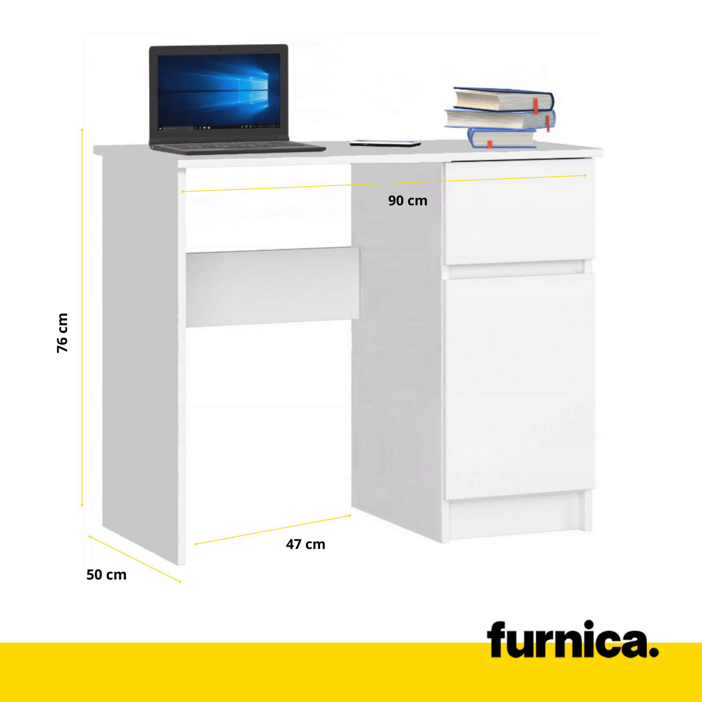 BEN - Bureau d'ordinateur - 1 Tiroir et 1 Porte - H76cm L90cm P50cm - Droite (Blanc)