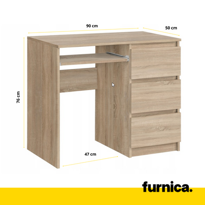 BRUNO - Bureau d'ordinateur - 3 Tiroirs et Plateau pour Clavier - H76cm L90cm P50cm - Droit (Chêne Sonoma)