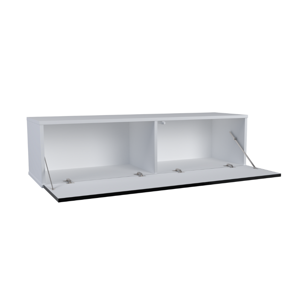 NICOLE - Meuble TV avec Porte Large H38cm L140cm P35cm - Blanc / Noir Brillant