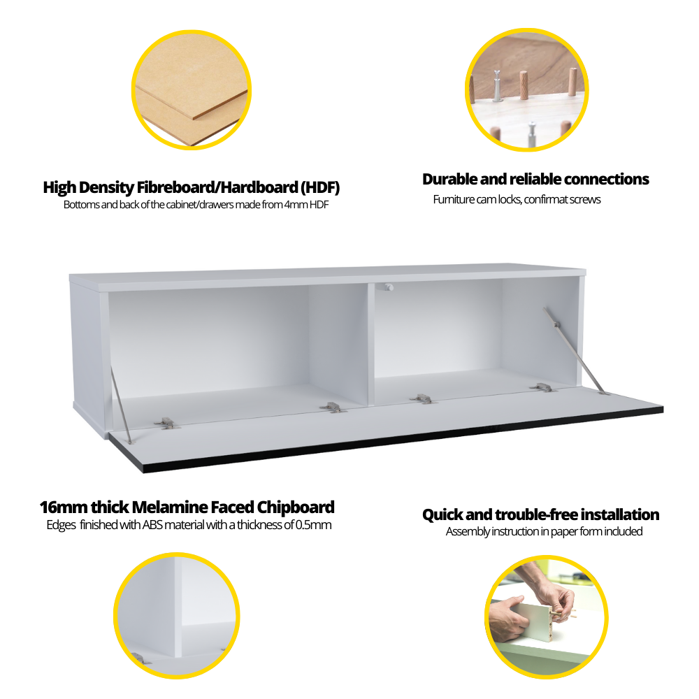 NICOLE - Meuble TV avec Porte Large H38cm L140cm P35cm - Blanc / Noir Brillant