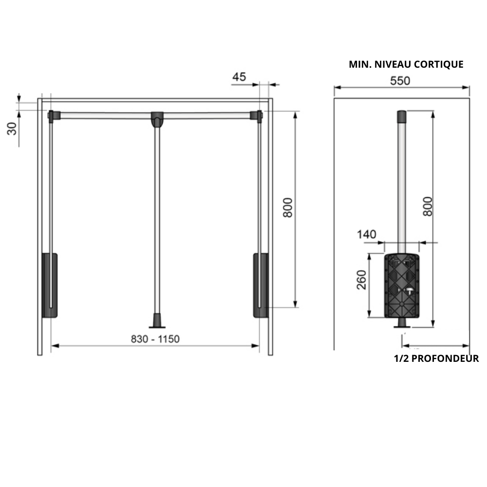Barre de penderie escamotable - boîtier noir 830-1150mm