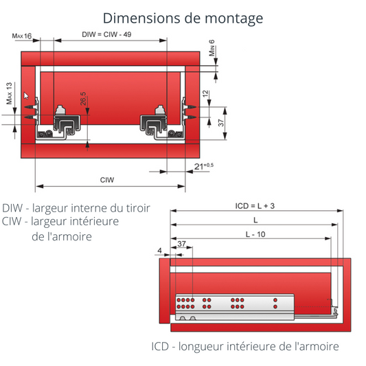 Ensemble de glissières dissimulée à fermeture silencieuse (gauche et droite), extension complète 270mm
