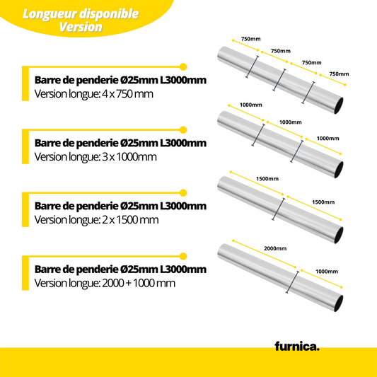 Barre de penderie Ø25mm L3000mm, Chrome
