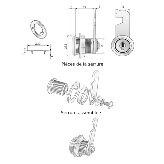 Verrou de boîte aux lettres avec plaque à came à crochet 19x16mm, chrome