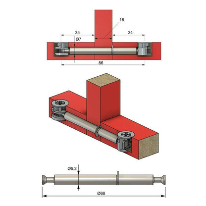 Le goujon de liaison pour meubles double face 34+18+34mm