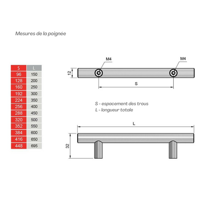 Poignée en T acier brossé - 695mm