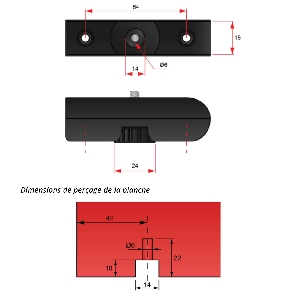 Régulateur de niveau pour planches 18 mm, M6, Noir