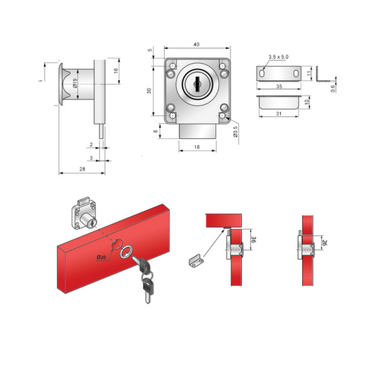 Serrure de meuble 19x22mm, version à clé identique, nickel