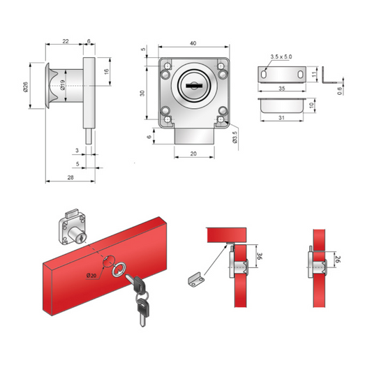 Serrure de meuble carrée 19x22mm, chrome