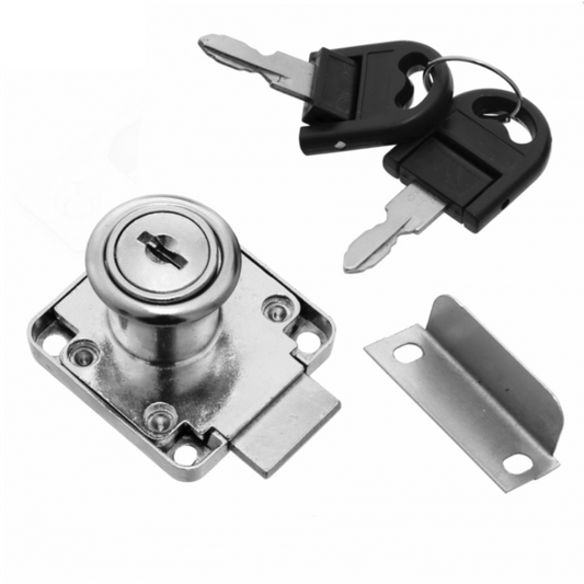 Serrure de meuble carrée 19x22mm, clé pliante, chrome