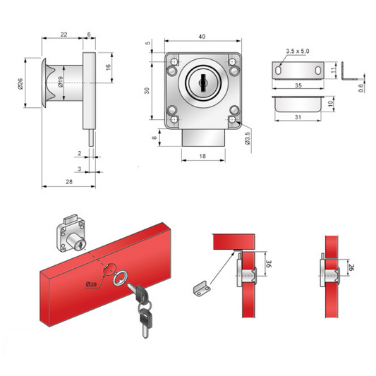 Serrure de meuble carrée 19x22mm, clé pliante, chrome