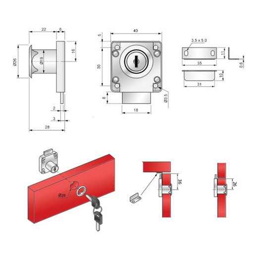 Serrure de meuble carrée 19x22mm, nickel