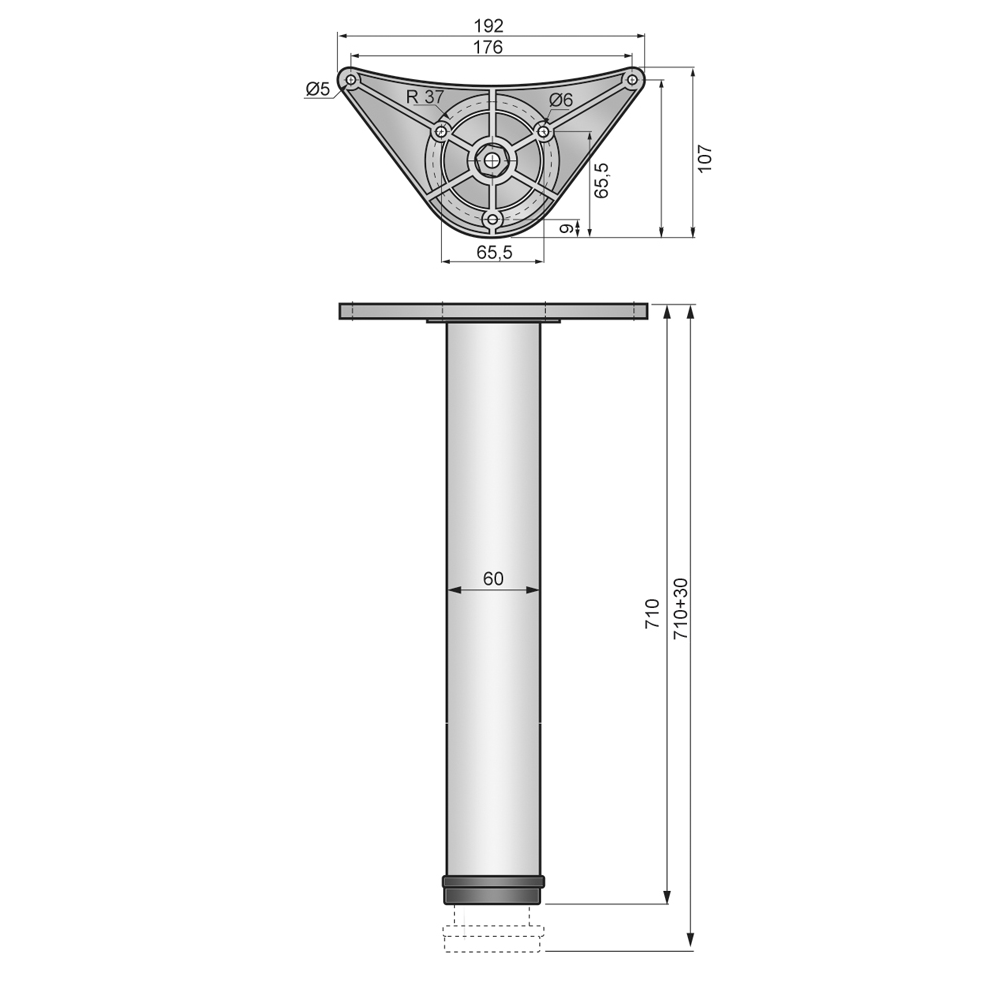 Pied de meuble réglable 710mm, plaque de montage ZnAl - Blanc