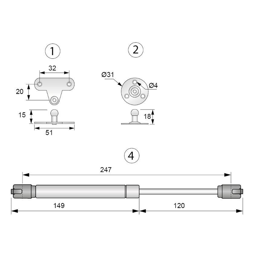 Verin de porte à gaz 250mm - 50N - Blanc