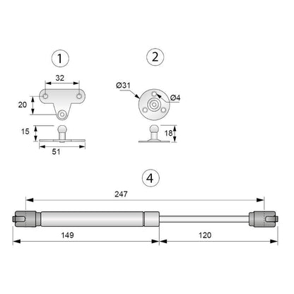 Verin de porte à gaz 250mm - 60N - Blanc