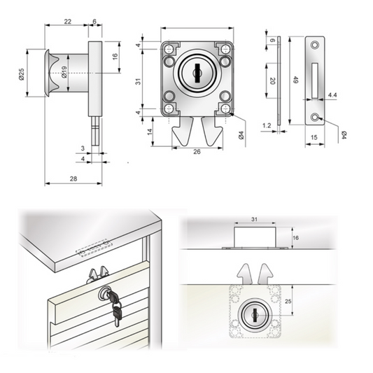 Verrou Carré pour Stores 19x22mm, Chrome